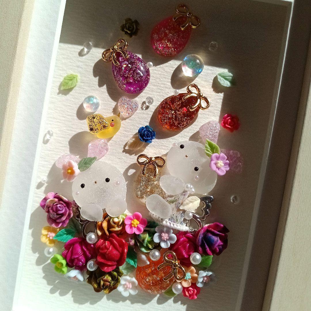 シーグラスアート　♡空から舞い降るイースター♡FlowerEgg 春爛漫イースター インテリア シーグラスアート 玄関飾り 置物 うさぎ