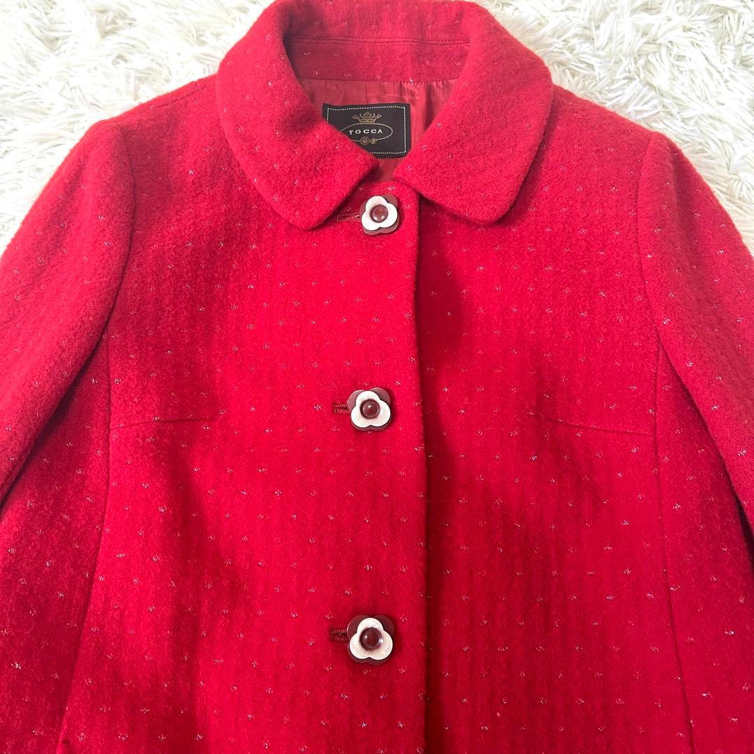 TOCCA 赤 アンゴラブレンドロングコート 丸襟 ウール ボタン ラメ 0/S