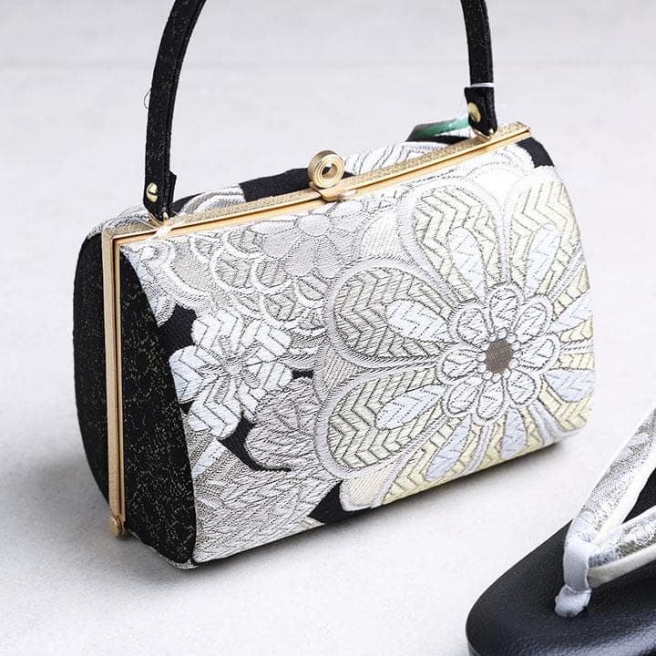 【新品】草履バッグ 振袖用 モダン花柄 黒系 24.5cm 日本製　03761