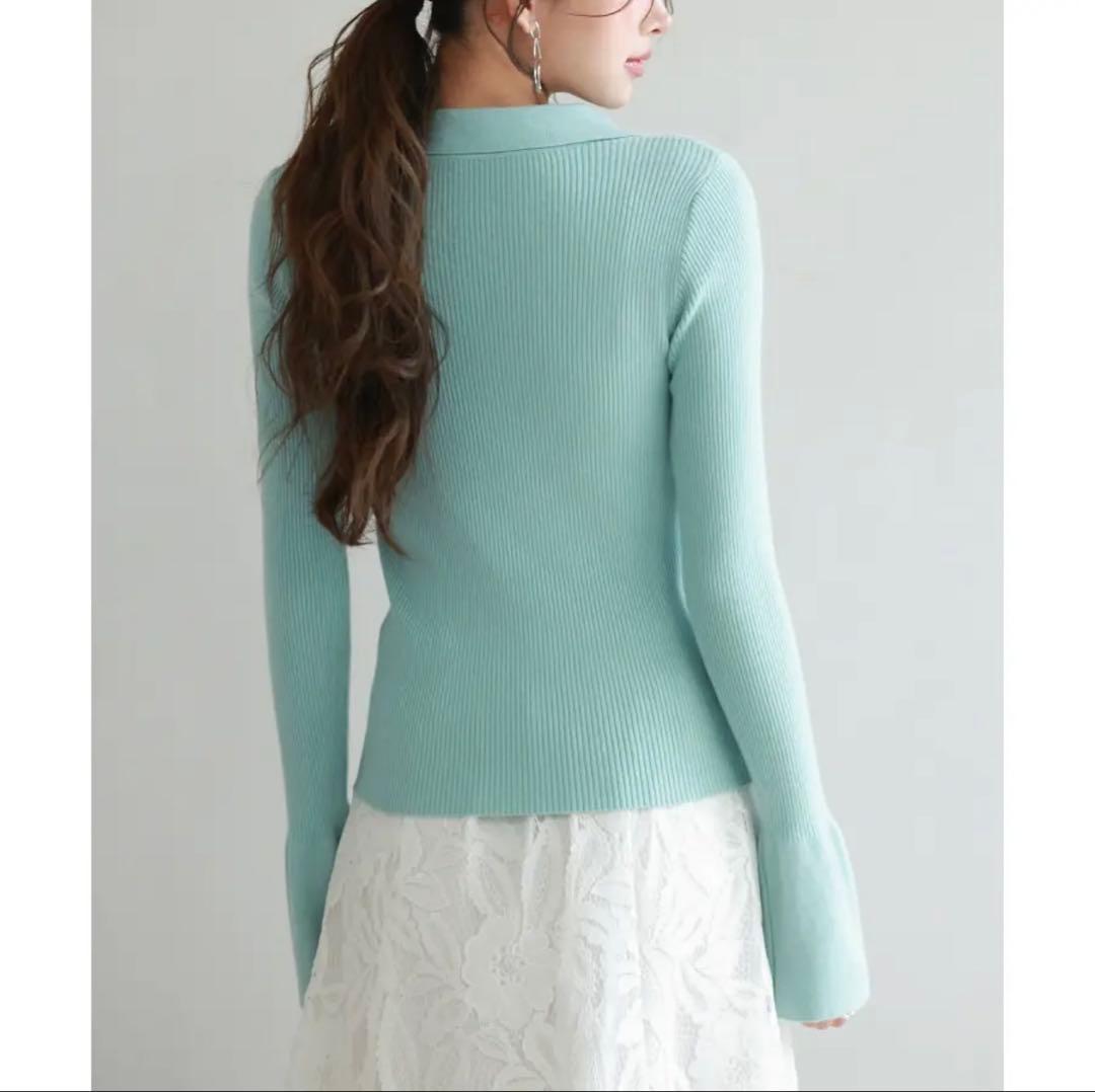 リブ編みポロネックニットプルオーバー ミントグリーン Vネック