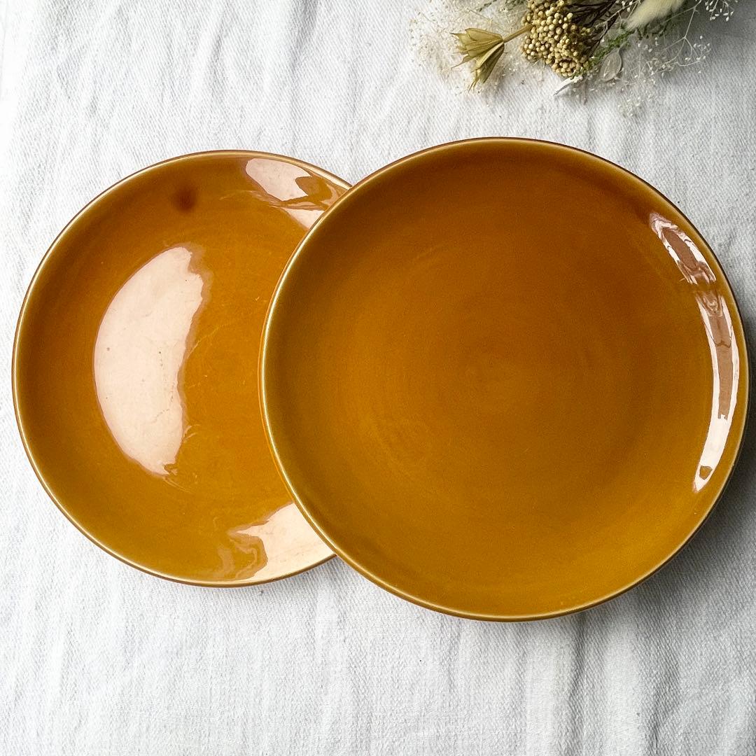 フランスヴィンテージ　サンタマン窯　プレート2点イエローブラウン古道具ブロカント フランスヴィンテージ サンタマン窯 プレート2点イエローブラウン