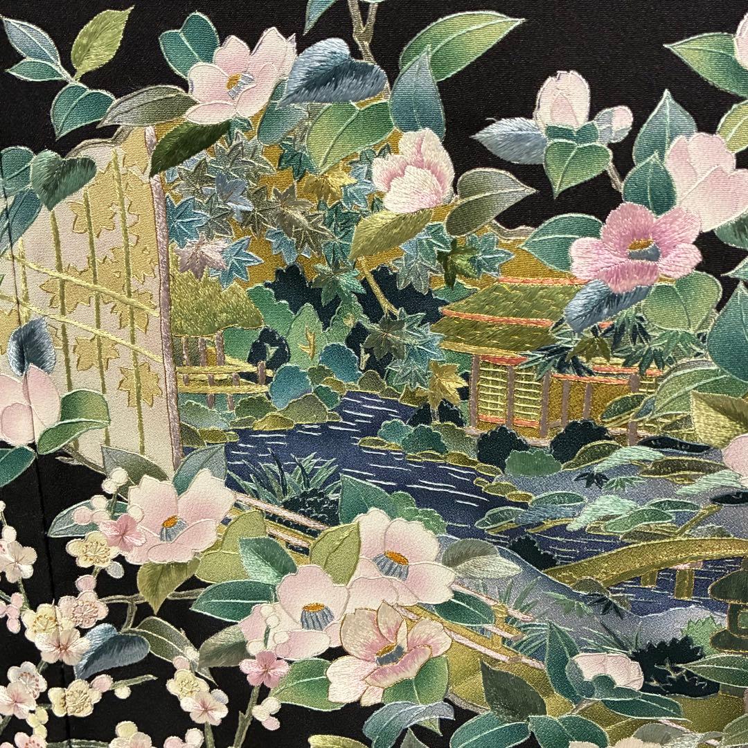 D6 黒留袖 総刺繍 蘇州刺繍 花模様 正絹 着物 袷 美品 - メルカリ