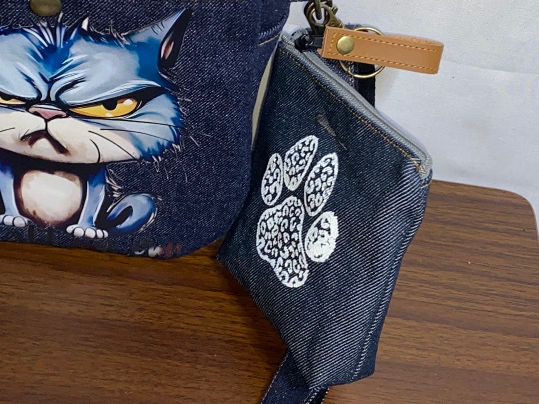 男女兼用☆岡山デニム♪ステンシル☆トラネコ☆Sサイズ☆3wayボストン 男女