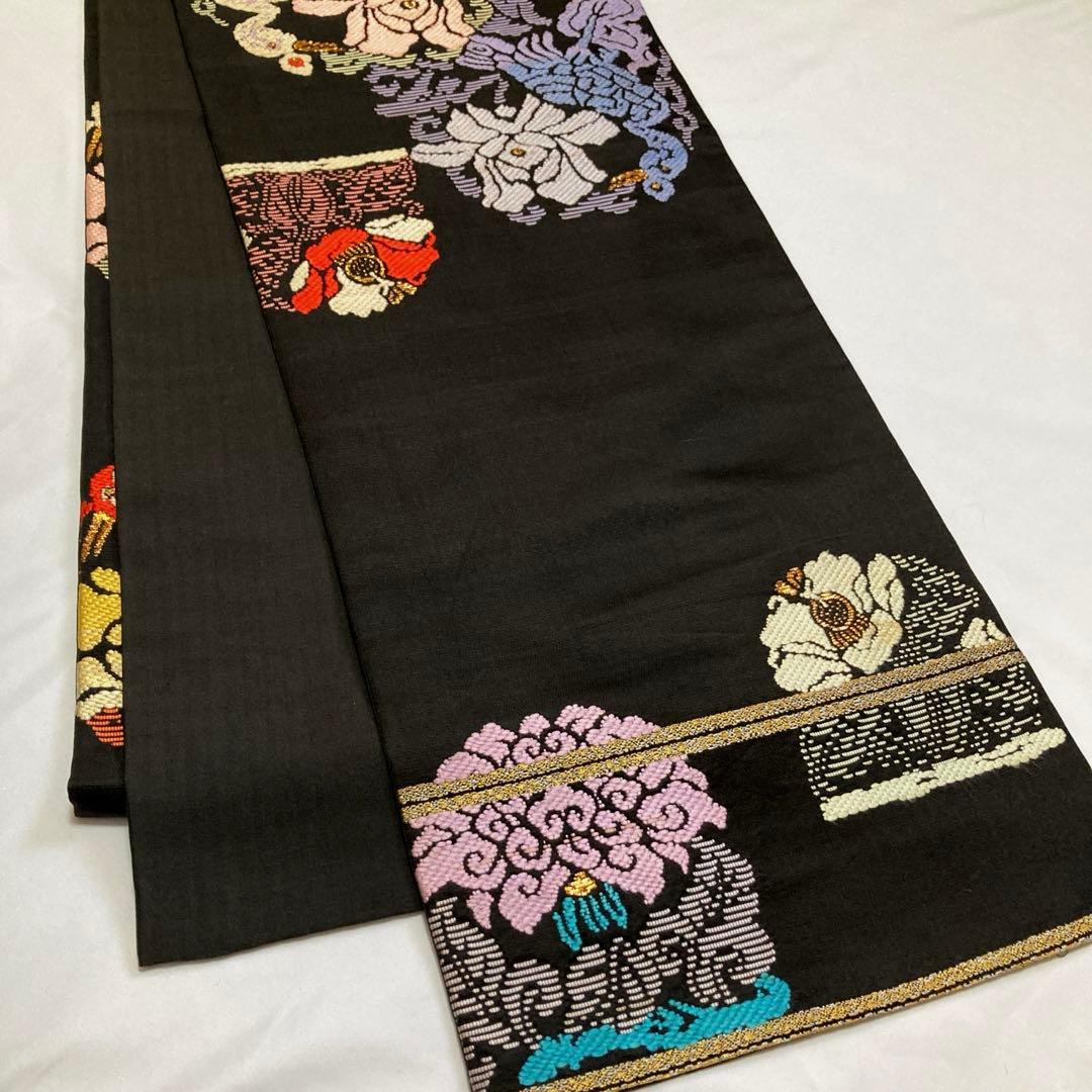 袋帯【龍村平蔵】錦織 手織工芸 正絹 花孔雀紋 黒色 着物帯