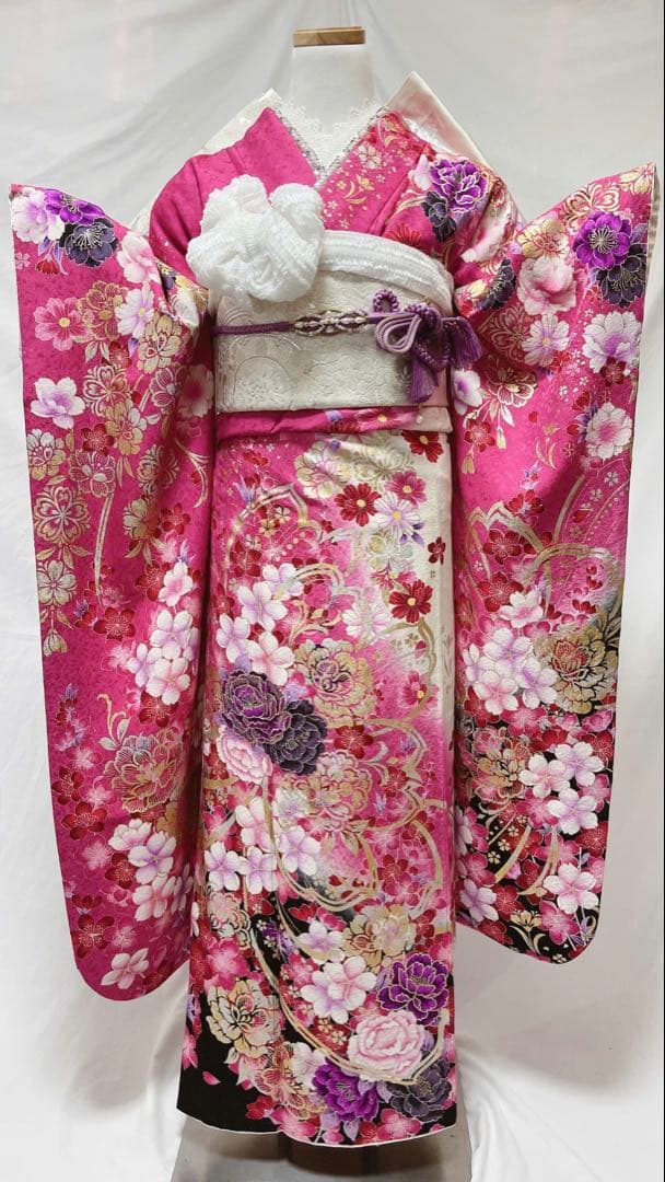 ☆FELIX☆プロフ必読☆品 ピンク花柄振袖 振袖フルセット　振袖6点 振袖フルセット 振袖セット 振袖 M〜Lサイズ ピンク×シンプル 美品