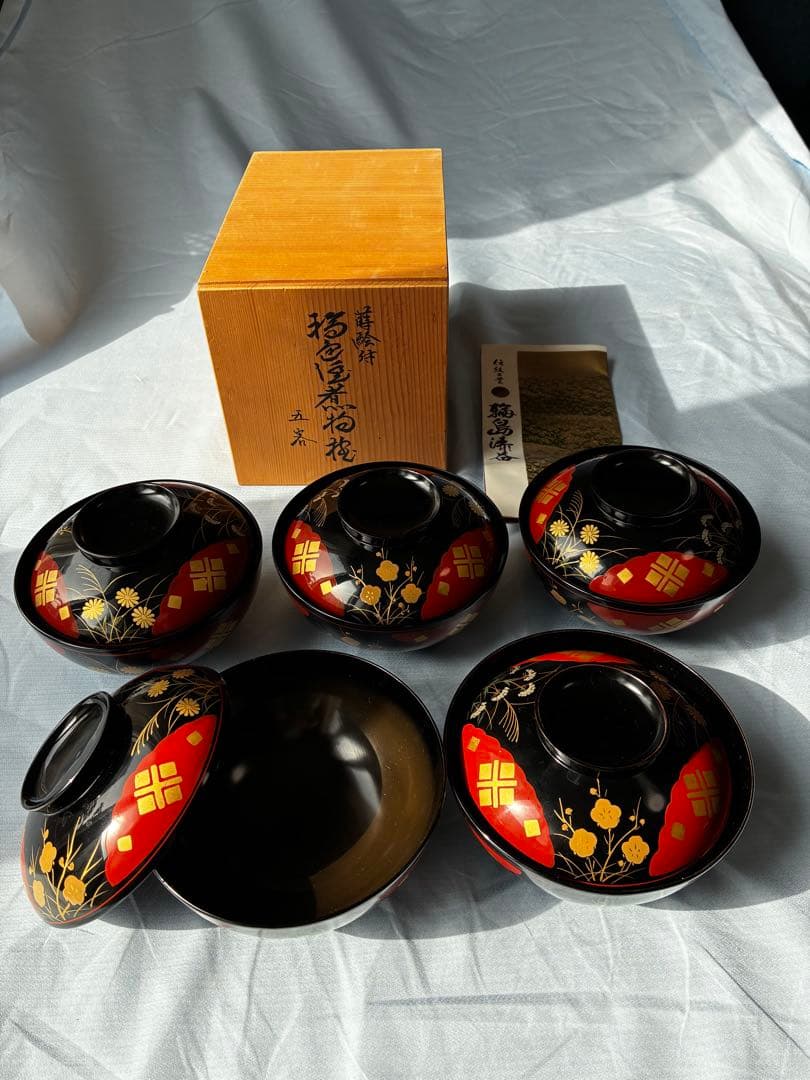 本物保証】輪島塗 角知作 吸物椀 5客セット 共箱・パンフレット付 椿