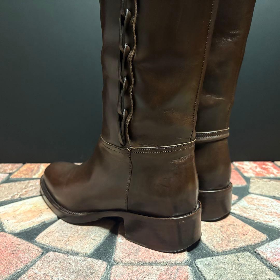 サルトル　ジョッキーブーツ　ロングブーツ 編み飾り　ベルト　本革　22.5cm