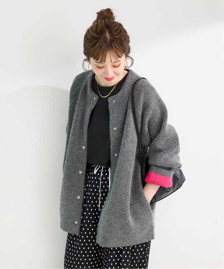 simplicite 2層スムース編みロングカーディガン グレーピンク