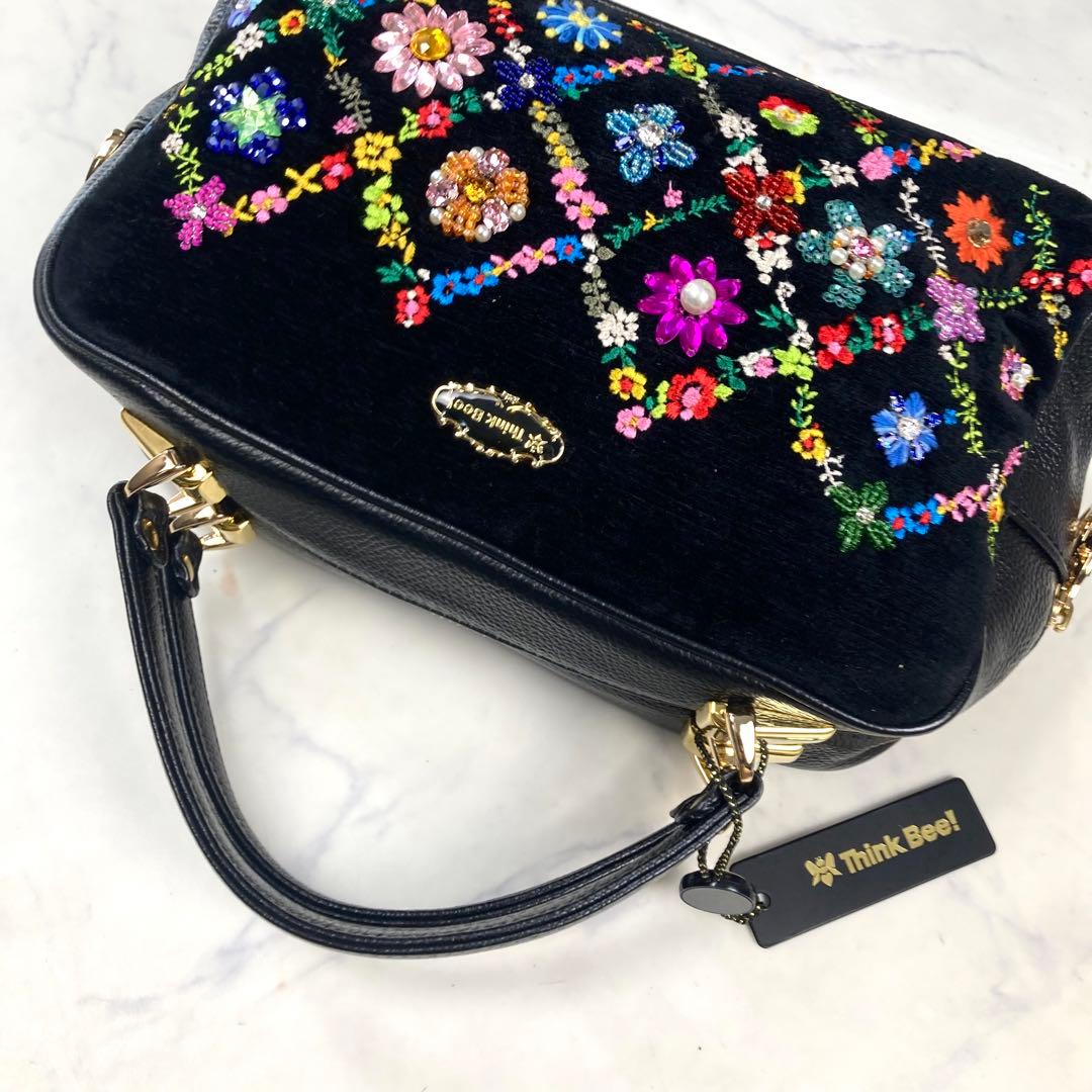 極美品 シンクビー ハンドバッグ ビーズ 花 ベロア 黒 レザー - メルカリ