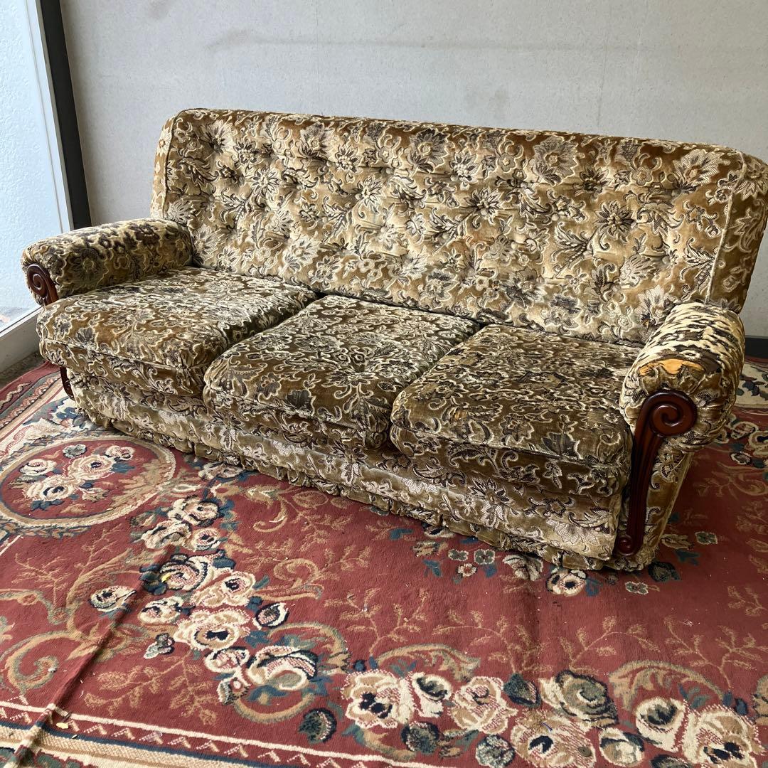 昭和レトロ 古家具 花柄ベロア 三人掛けソファー アームチェア