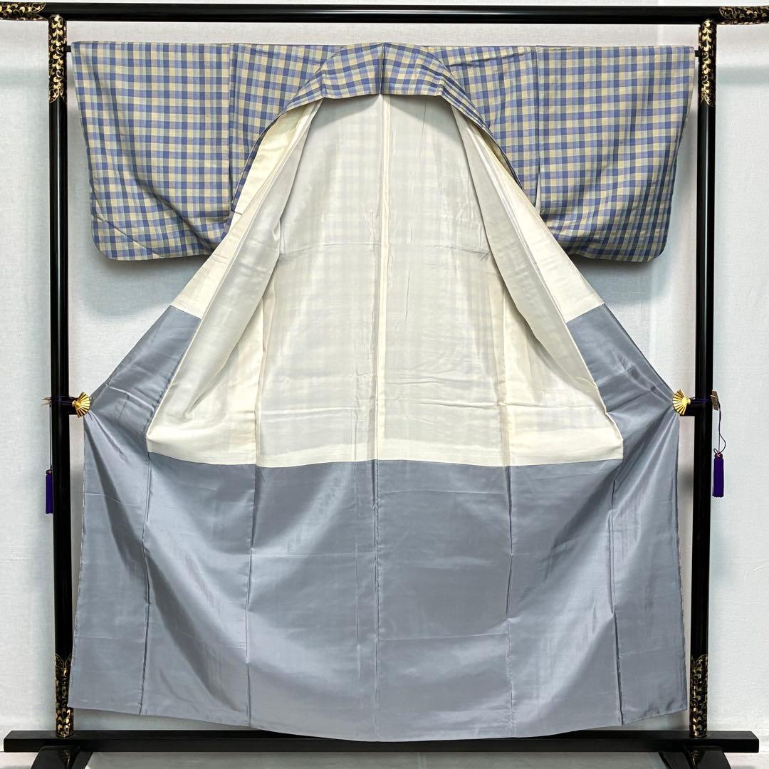 D154 菅原工房 菅原結 漢方染紬 格子柄 チェック 正絹 着物 袷 極美品