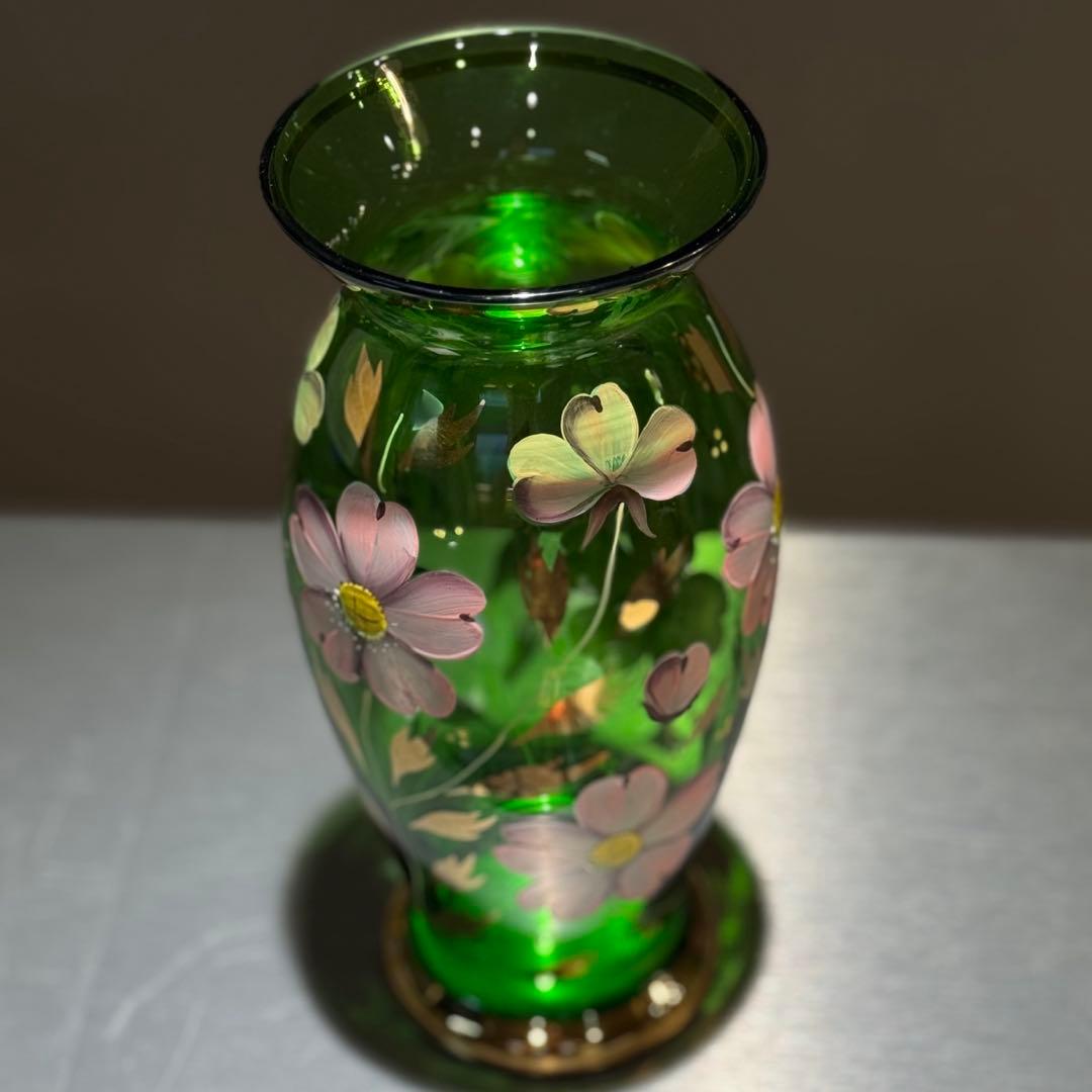 ボヘミアグラス/金彩/花柄/フラワーベース/チェコスロバキア製/美品