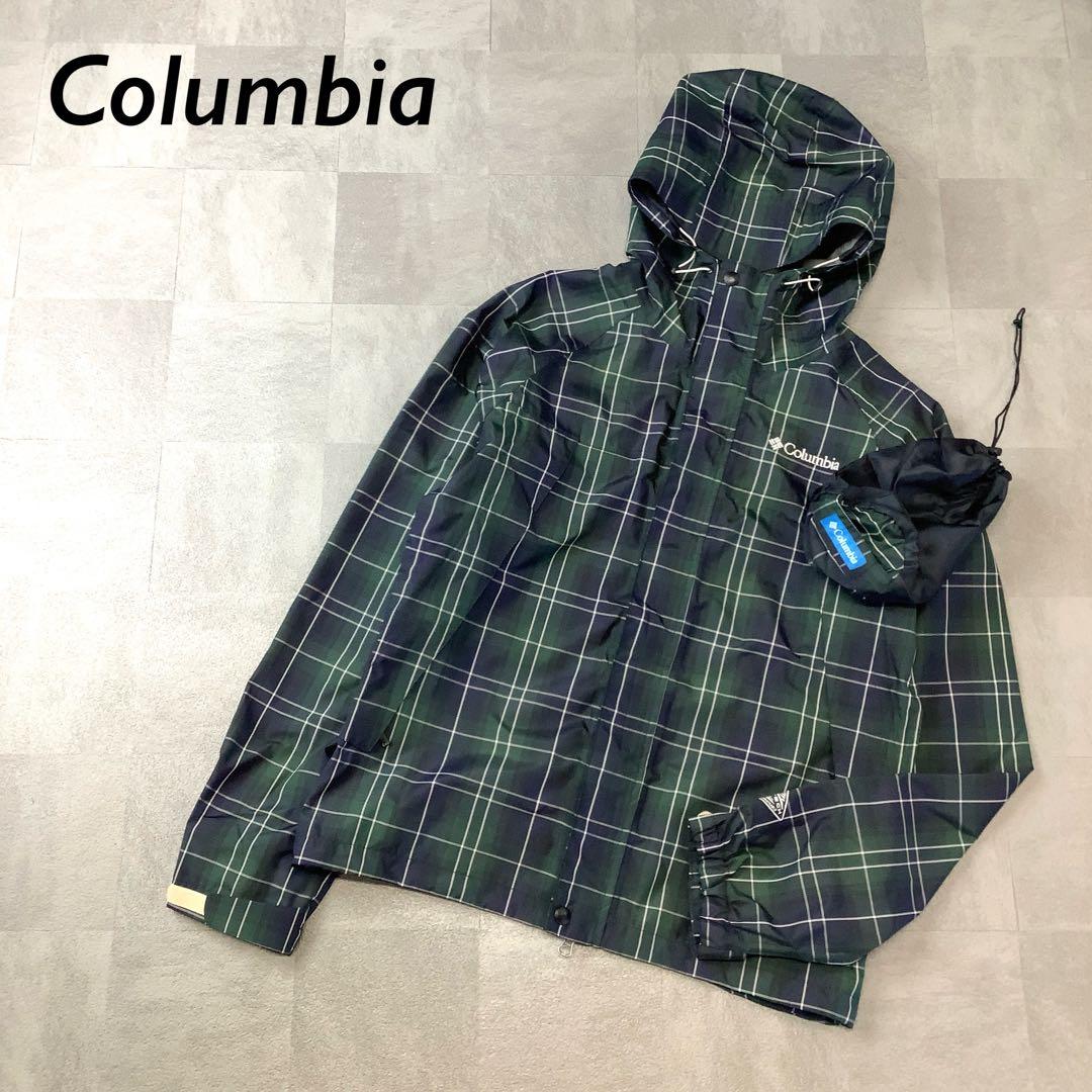 美品】Columbia チェック 柄 ナイロン ジャケット 袋付き グリーン系
