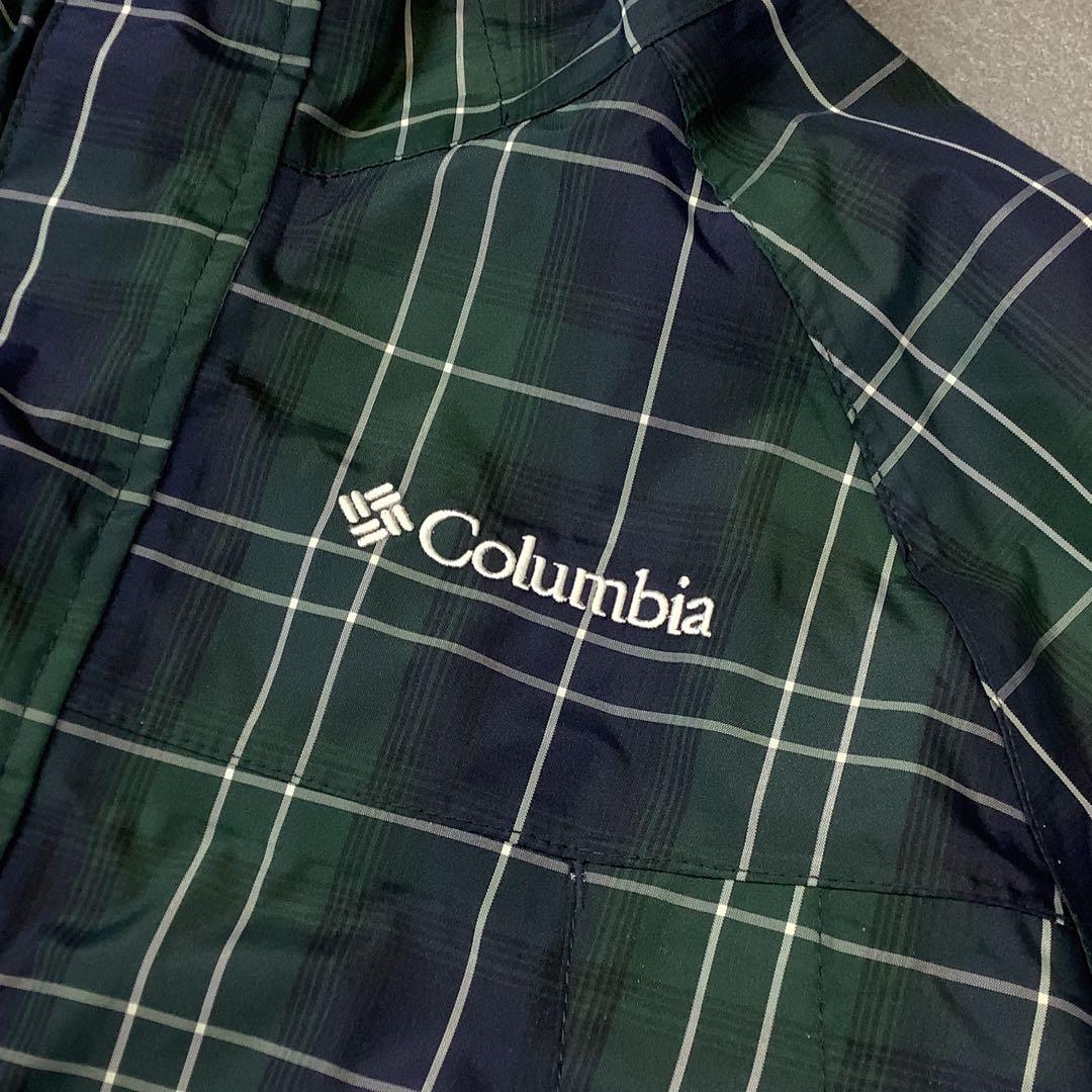 美品】Columbia チェック 柄 ナイロン ジャケット 袋付き グリーン系