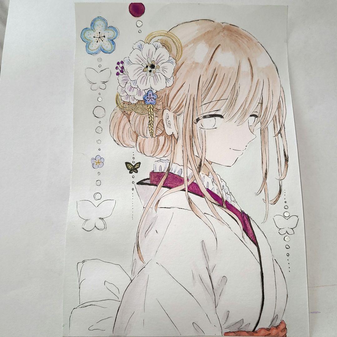 手描きイラスト アナログ 着物姿の女の子 水彩画 - メルカリ