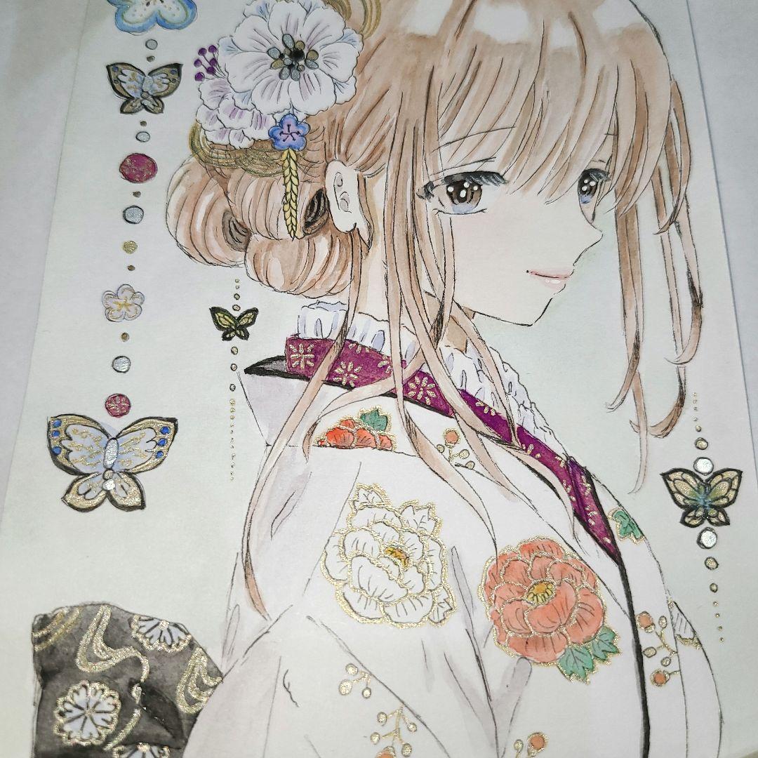 手描きイラスト アナログ 着物姿の女の子 水彩画 - メルカリ