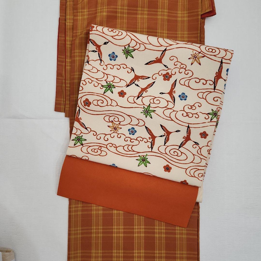 開き名古屋帯 塩瀬 染帯 九寸 紅型 雲間飛鳥文 朱色 オレンジ - メルカリ