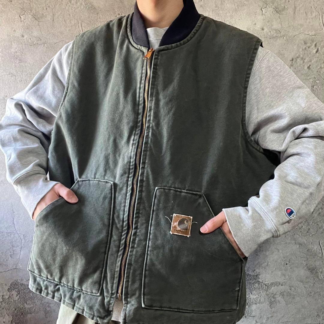 90s USA製 Carhartt カーハート ダックベスト モスグリーン 古着