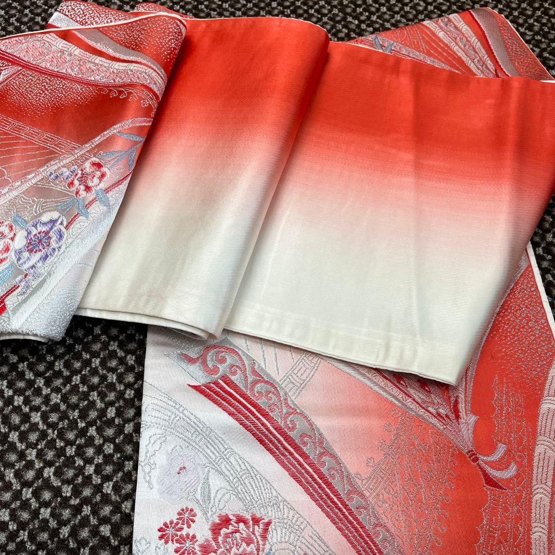 レンタル品放出・美品】正絹 袋帯 熨斗・扇・四季花 華やか