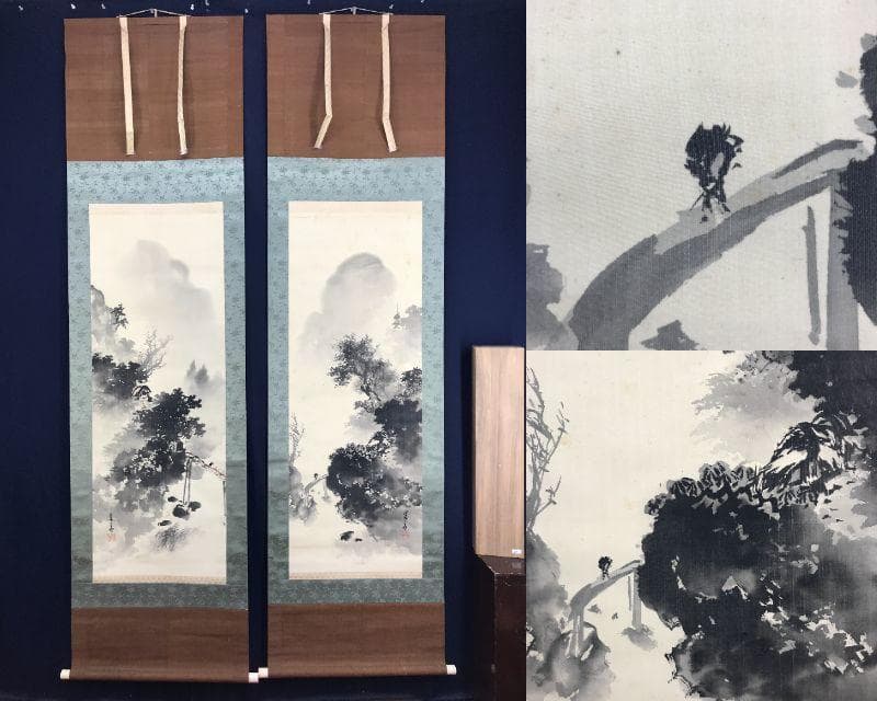 真作/橋本陵華/山水人物図/双幅/掛軸/名家伝来AE-290 真作/橋本陵華/山水人物図/双幅/掛軸/名家伝来AE-290