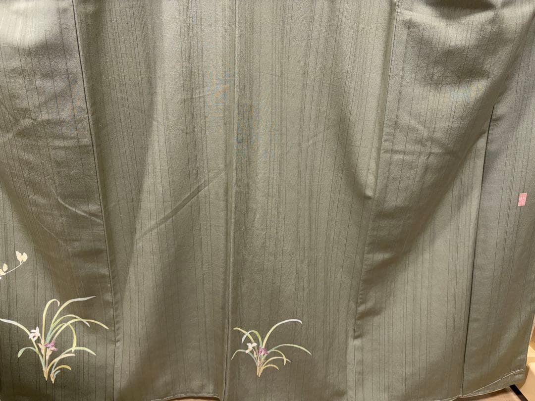 D 美品 十日町友禅 女流作家 遠田藤舟 花模様 緑 紬 正絹 袷 付下げ