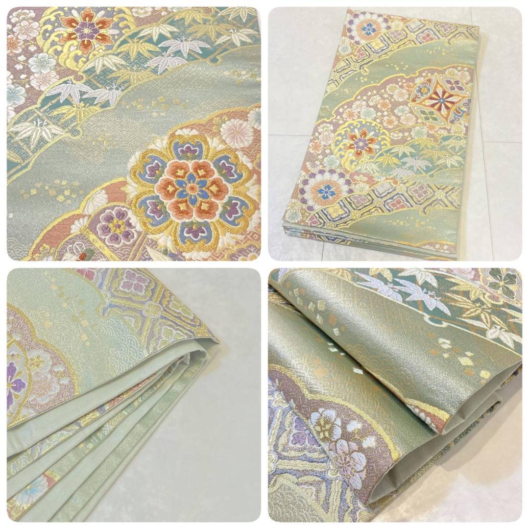 西陣織 唐織り 雪輪取り 銀通し 袋帯 正絹 白 ピンク 黄緑 パステル