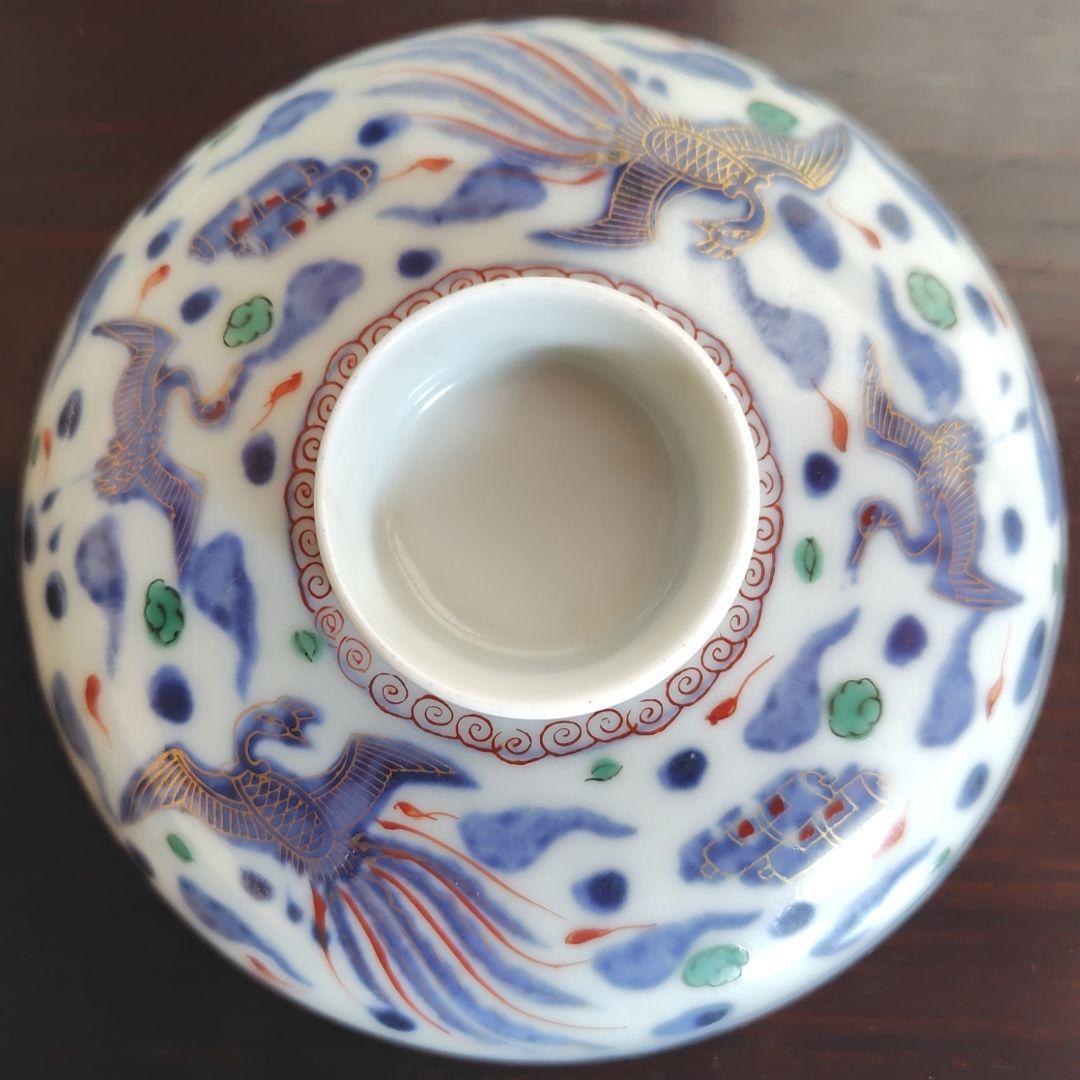 九谷焼 錦絵 金彩 蓋付き茶碗 飯茶碗 茶碗 5客 鳳凰 アンティーク 冬 春