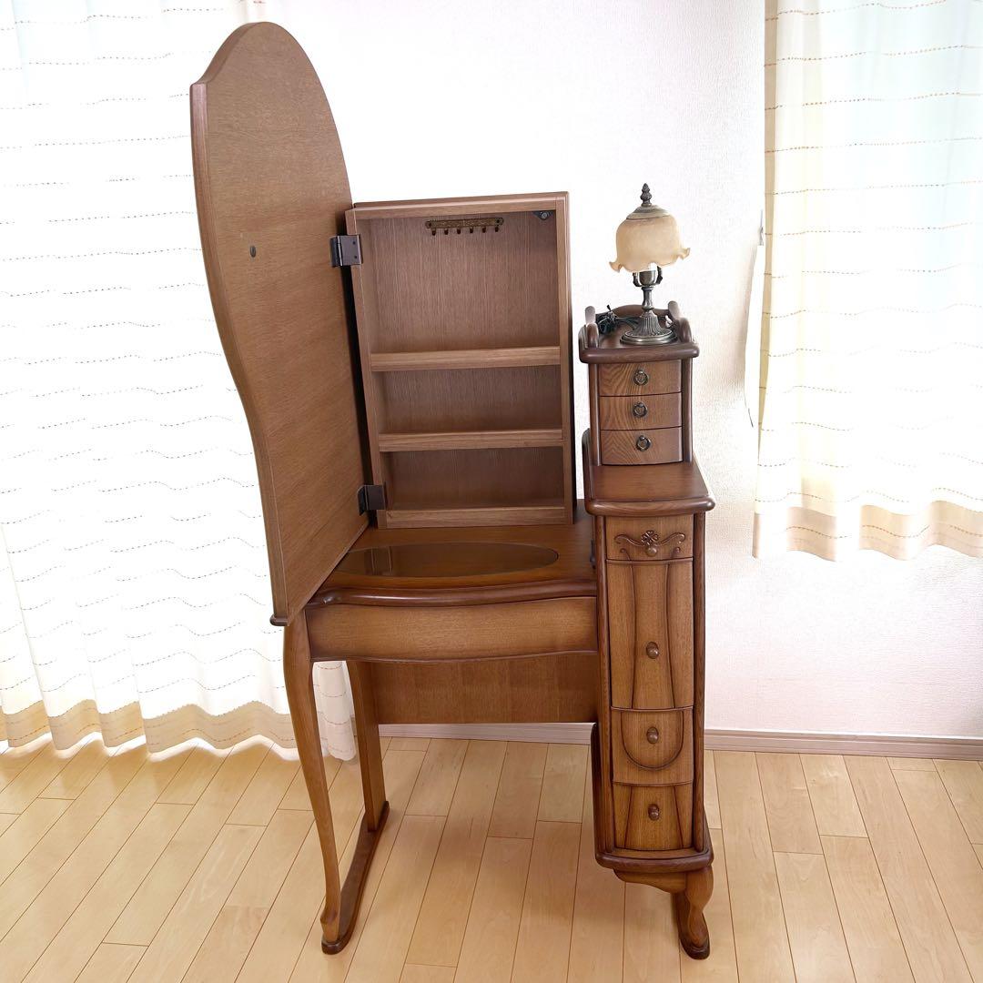 猫脚ドレッサー 高級 アンティーク レトロランプ付 開き鏡