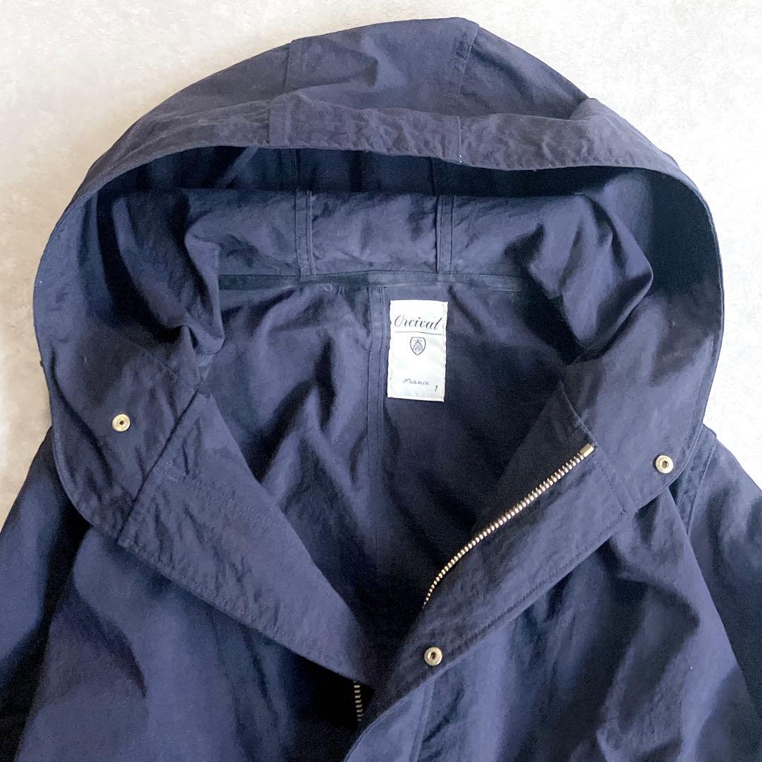 美品 オーシバル 軽量ナイロンモッズコート フードブルゾン 紺 ドロー