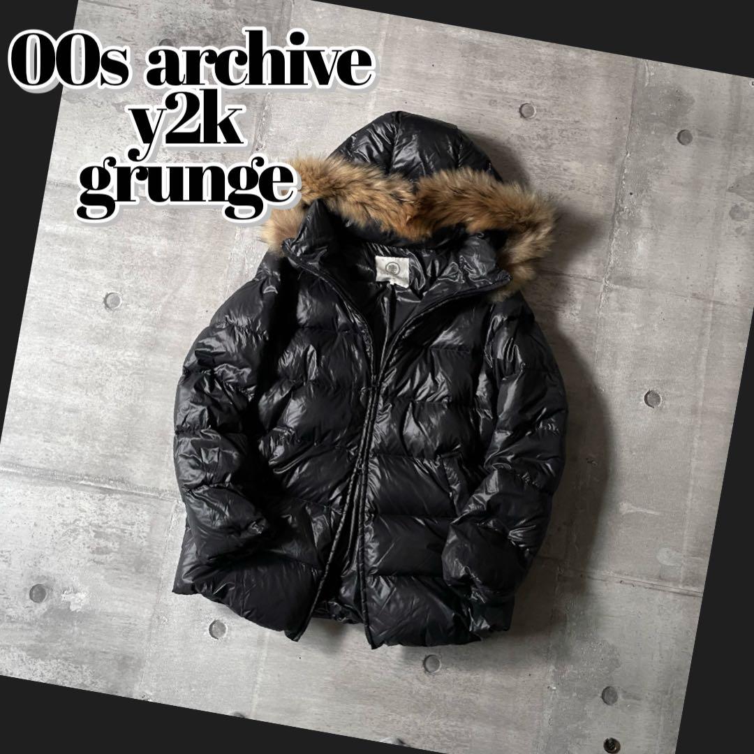 y2k ダブルジップ ファー付きダウンジャケット 黒 光沢 平成ギャル