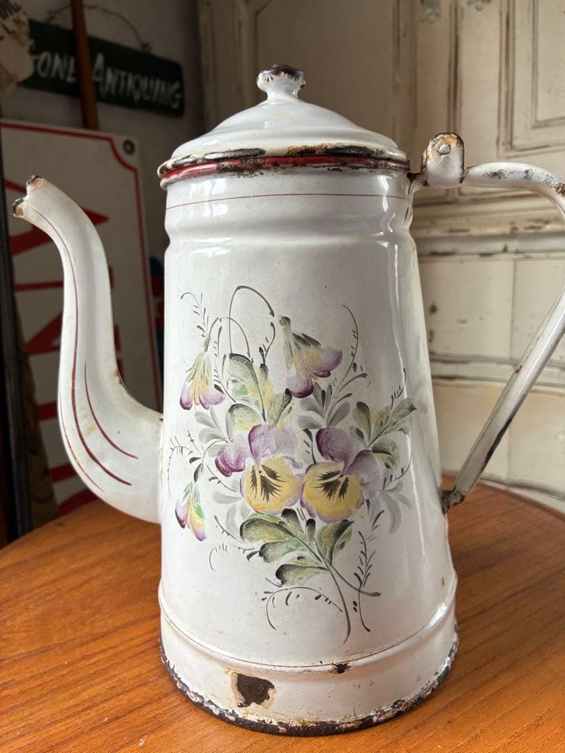 フランス アンティーク 手描き ホーロー コーヒー ポット JAPY すみれ