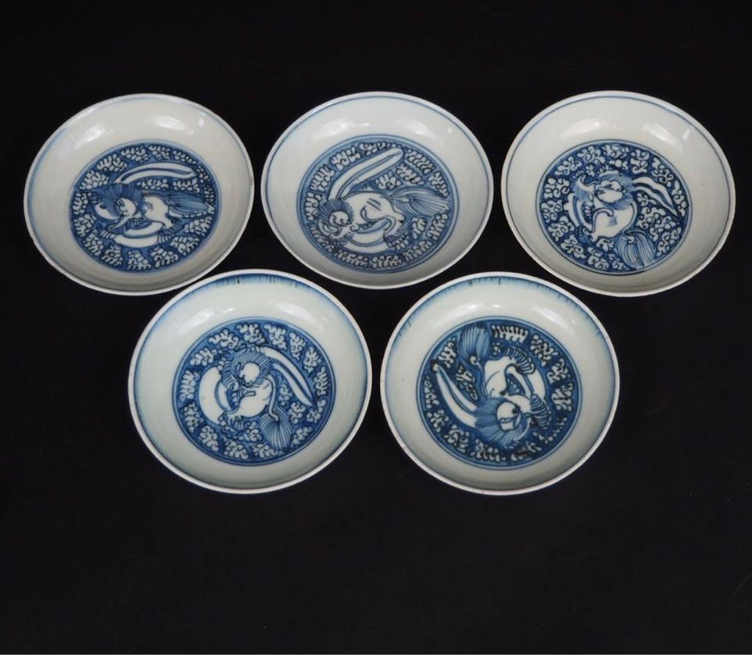 送料無料　明初期　永楽～宣徳年（1403～1435年）青華獅子文中皿５枚 送料無料 明初期 永楽～宣徳年（1403～1435年）青華獅子文中皿