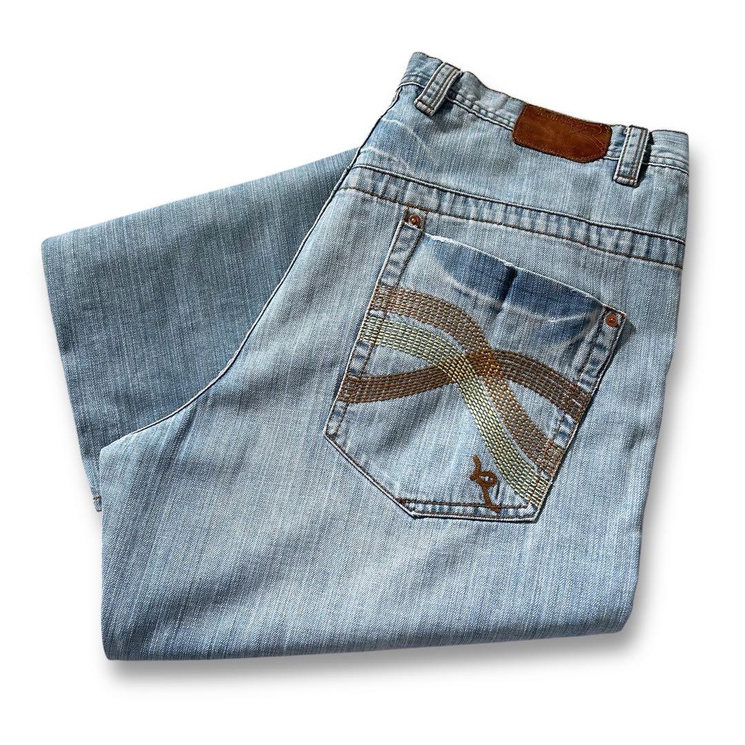 00s 希少 ロカウェア 超極太 バギーパンツ デニム W38 刺繍ロゴ B系