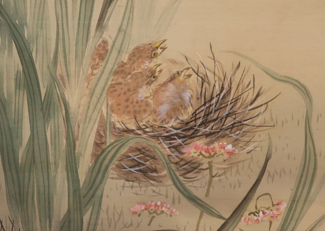 模写】日本画 益田楳岳 花鳥 雀 草花 絹本 掛軸 MB160 - メルカリ