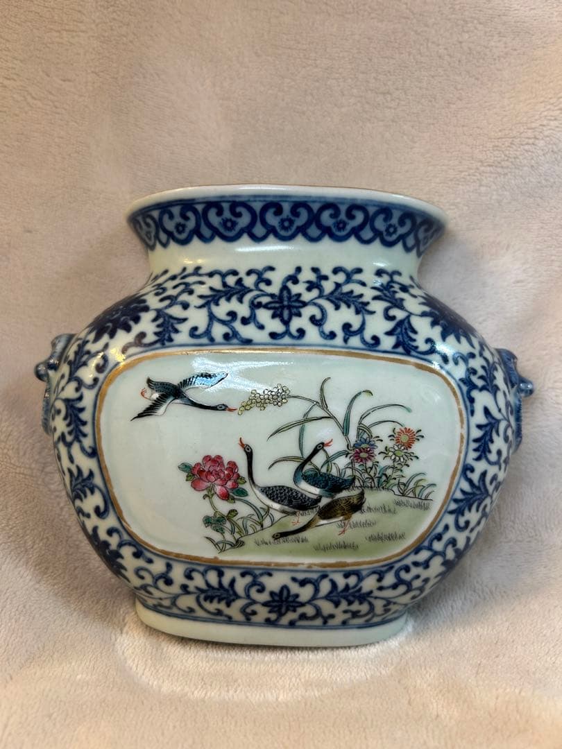 希少 大清道光年製 手描 粉彩 牡丹双鳥図 壁瓶