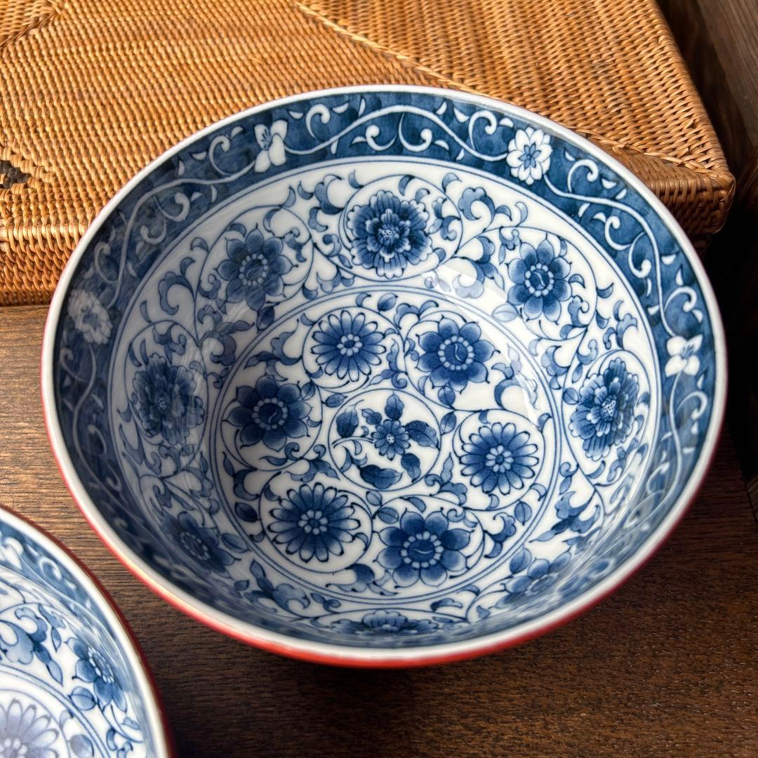 廃番希少 大吉窯 金彩 朱巻 内染付 丼鉢 ペア 丼 麺鉢 大碗 盛鉢 2点