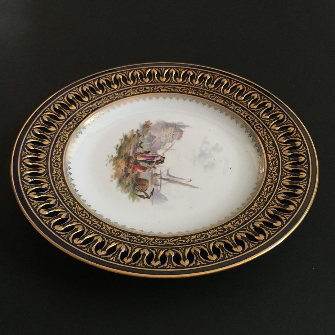 古マイセン 金彩 オランダ港湾風景 コバルト地 透かし絵皿 直径 23.5cm