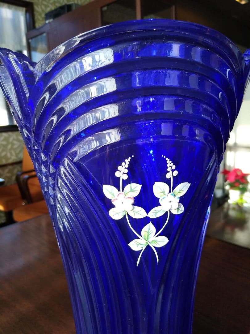 ボヘミアングラス大型花瓶 コバルトブルーカットガラス チェコ製専用
