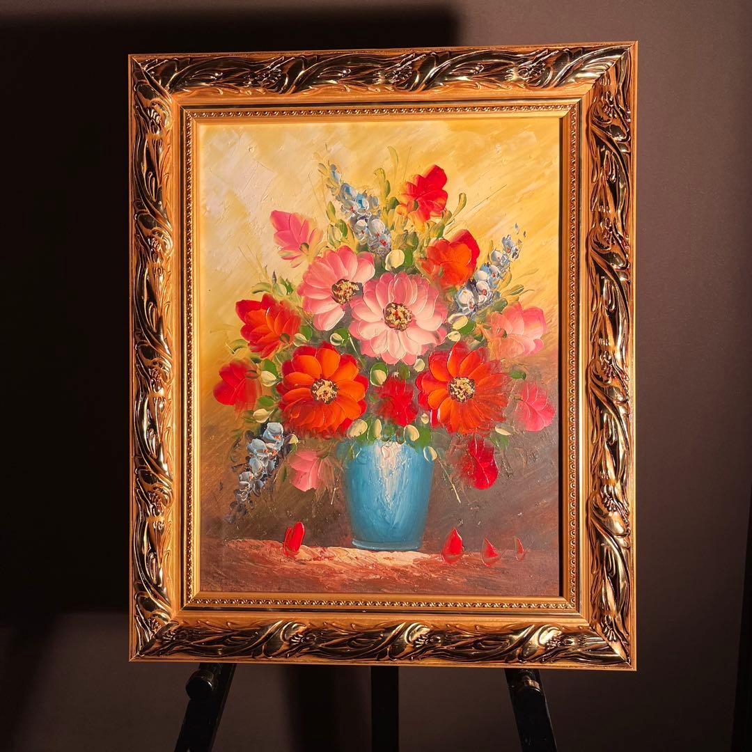 手書き油絵 花瓶の花 額付 肉筆絵画 インテリア 油彩画 - メルカリ