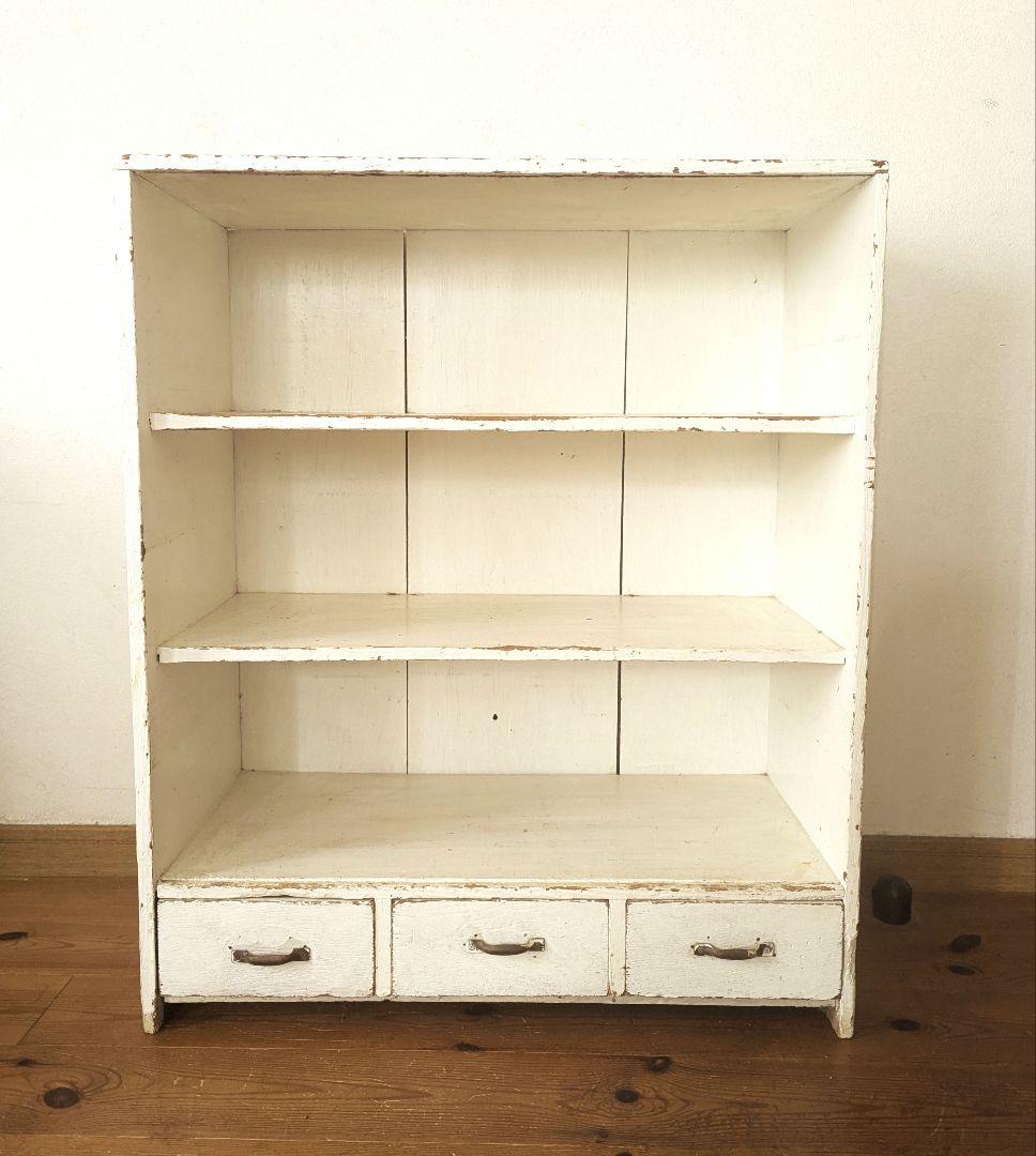 アンティーク　古道具　ホワイト木製3段シェルフ 引き出し付き 楽天市場】cafemoku アンティーク シェルフ 背板付き ホワイト