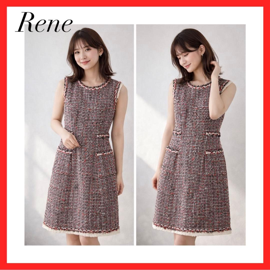 Rene ルネ✨ツイードミニワンピース 赤 半袖 ひざ丈 36 - メルカリ