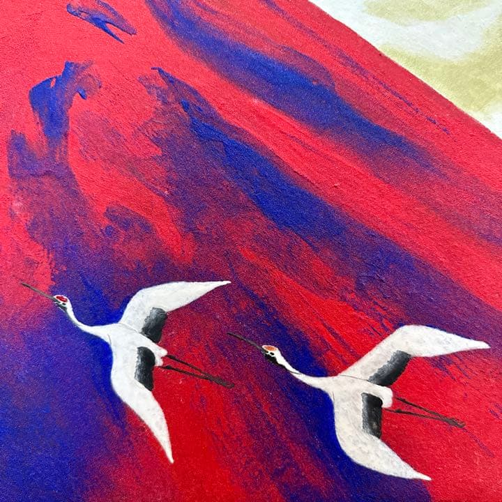 児玉三鈴 暁岳 日本画 赤富士 鶴 金落款 金泥仕様 自然、風景画・