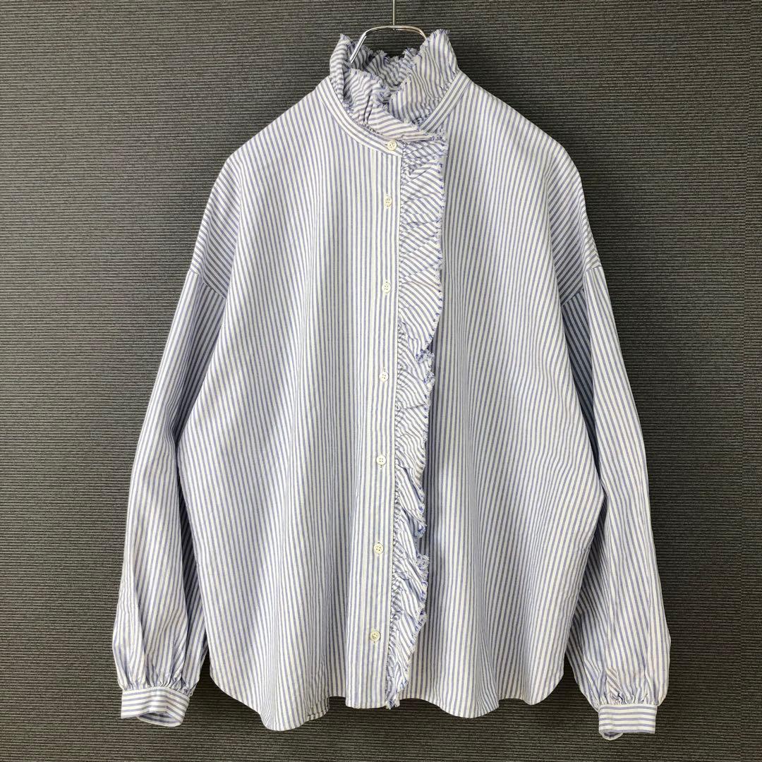 ジャーナルスタンダードラックス OXストライプ フリルブラウス ブルー