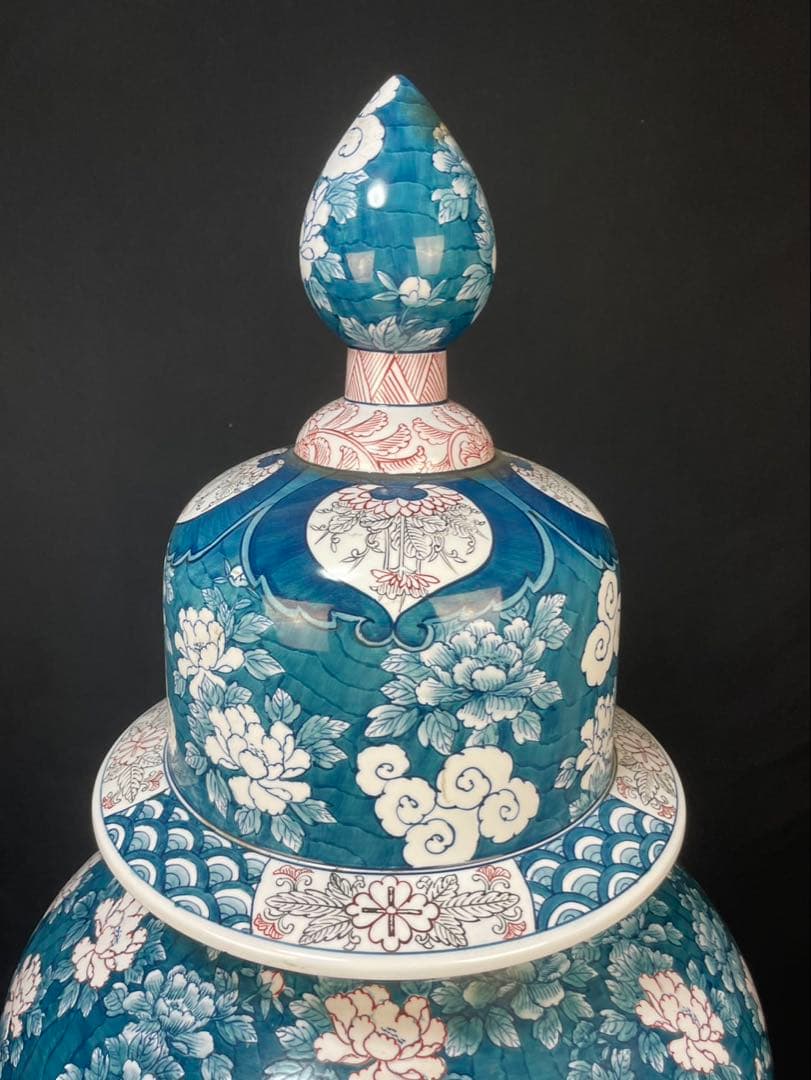 有田焼 特大 染付 牡丹孔雀図 花鳥絵 飾壷 光右衛門作 沈香壺 三段壷