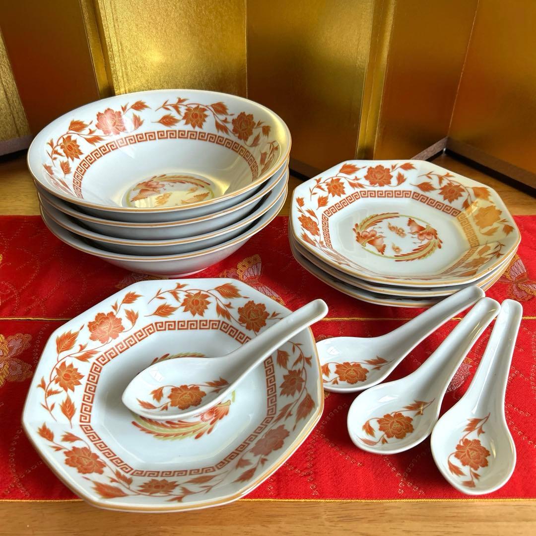 未使用品】ナルミ 鳴海 中華皿セット 鳳凰 レンゲ付ラーメン鉢・八角皿