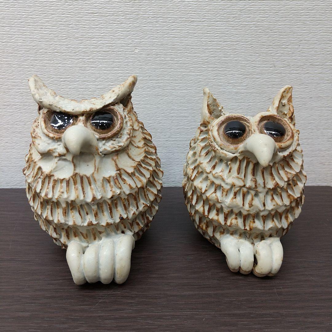 ⑦ 青芳 フクロウ 梟 2点セット 陶器 森元青芳 砥部焼 オブジェ 置物