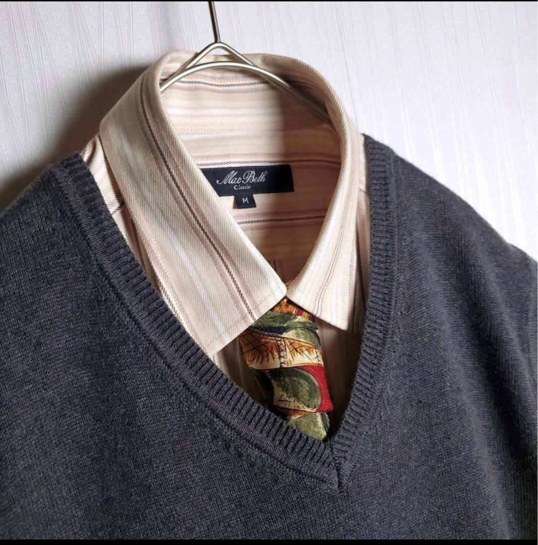 ネクタイシャツ ニットベスト ストライプ オレンジ 3点セット コーデ