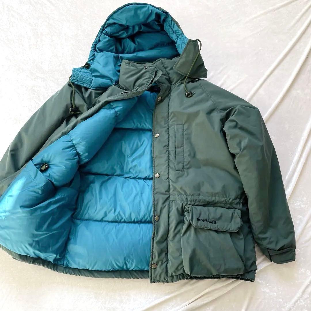 希少 モンベル ダウン M ダークグリーン ダウンジャケット フード付き ロゴ