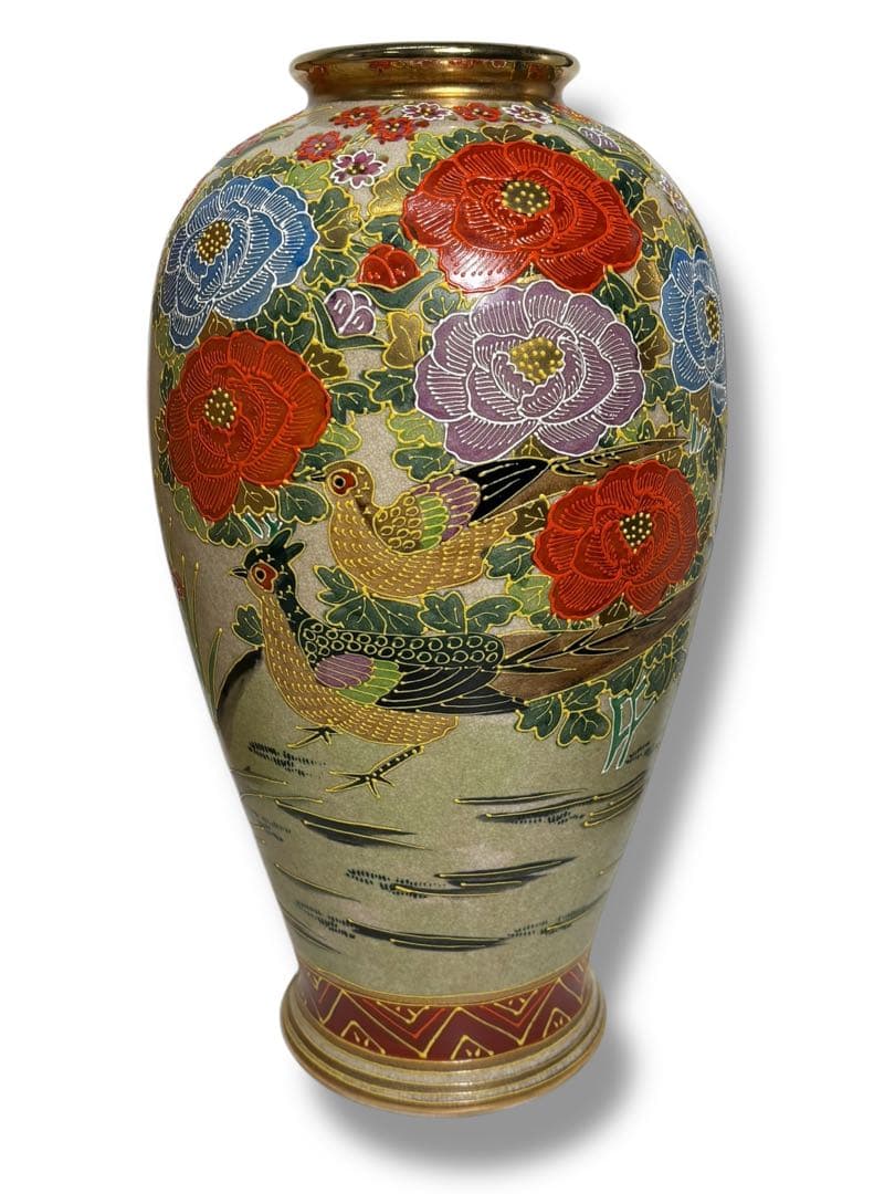 薩摩焼 丸十字紋 色絵金彩 花鳥図 大壺 花瓶 木箱付き S-12