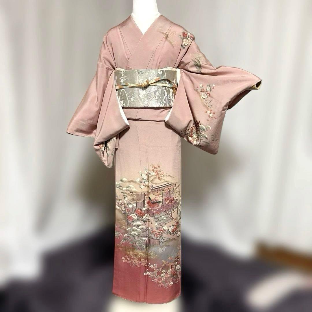 美品 袷 正絹 縮緬 友禅 作家 訪問着 フルセット 西陣唐織プラチナ箔